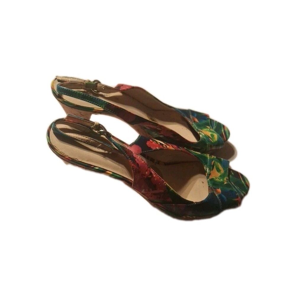 Nine West Open Toe Slingback Cork Platform Shoes - Tropical Print Sz 8M